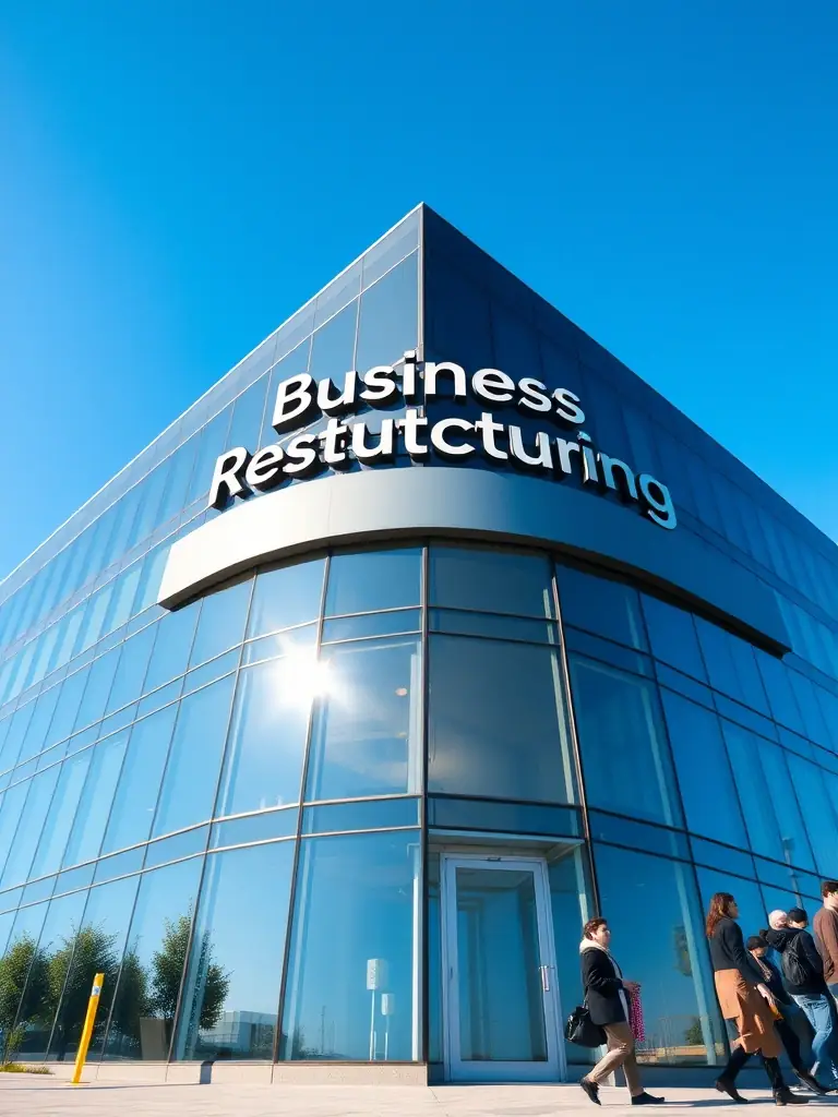 A modern office building with a sign indicating 'Business Restructuring', representing the strategic approach of Chapter 11 bankruptcy.