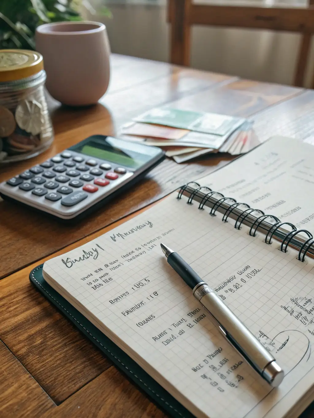 A family budget planner with a calculator, symbolizing the structured repayment plans of Chapter 13 bankruptcy.